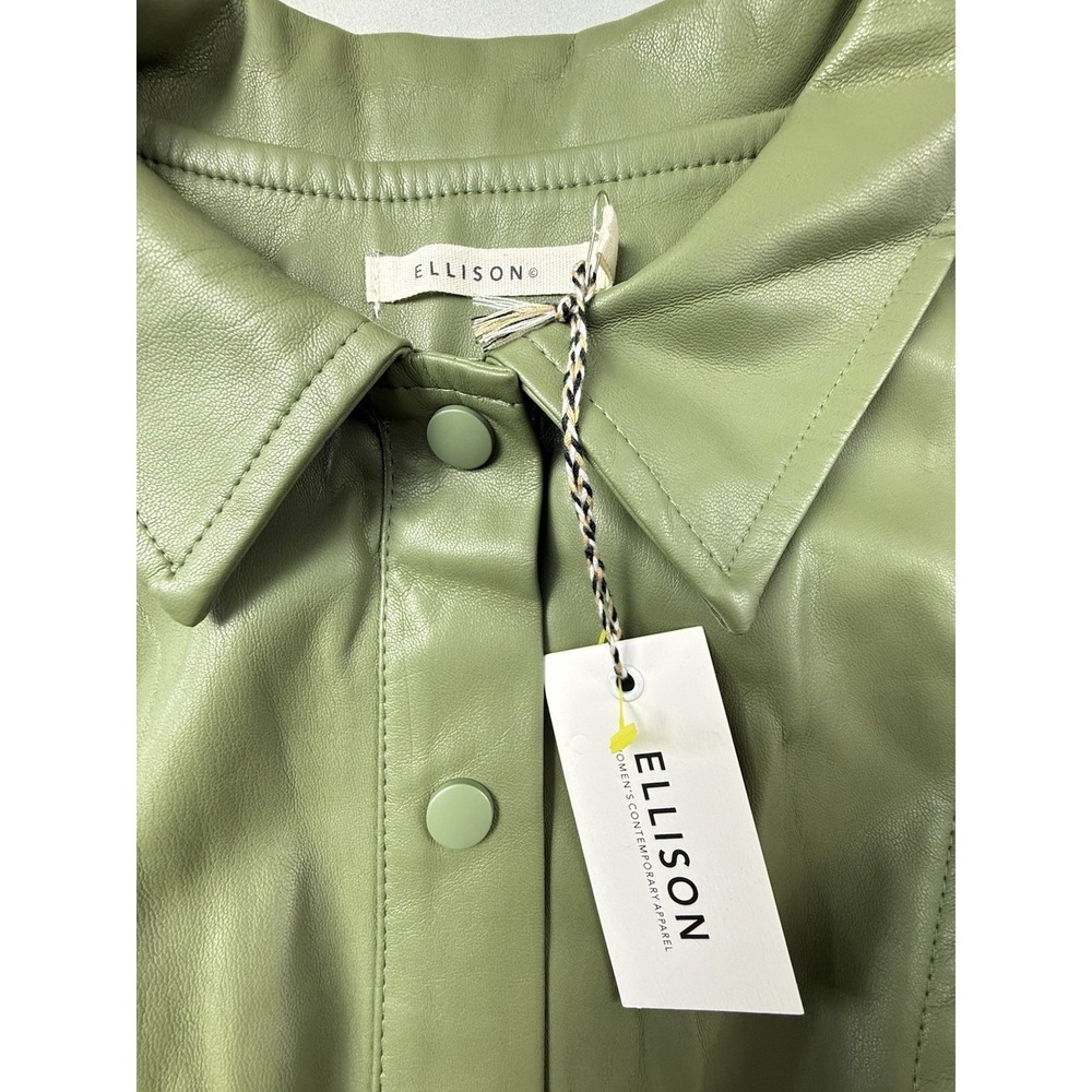 Ellison‎ Faux Leather Dress Sage Green Belted Puff Sleeve Quiet Luxury - Picture 3 of 16